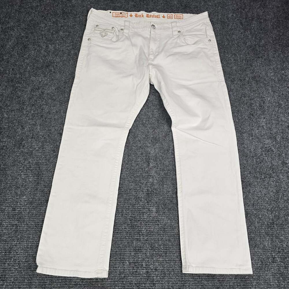 Rock Revival Steven Straight Jeans Mens 42x33 White Flap Pocket Embroidered